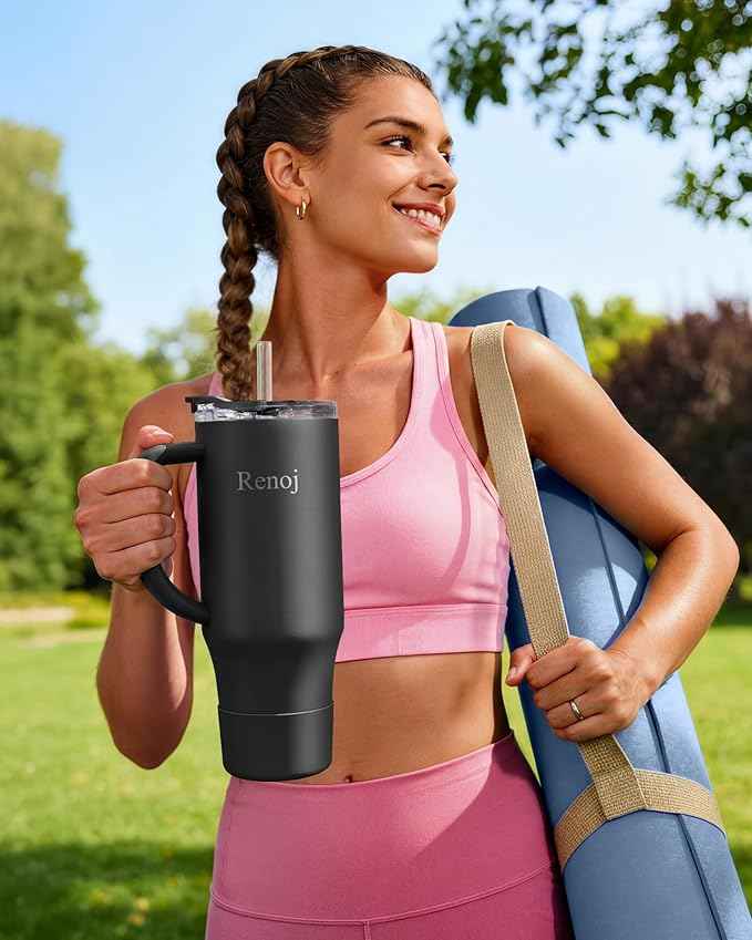 Renoj Insulated Mug 100% Leak Proof Insulated Water Bottle for Iced Coffee & Hot Drinks - Fits Car Cup Holder, Ideal Gift, 2 Straws & Silicone Boot - SnapShift Black 32 oz