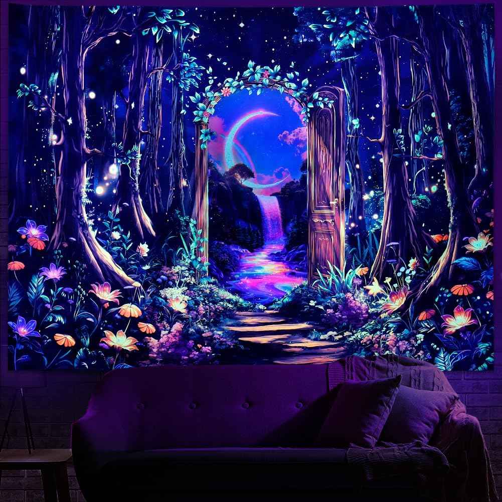 Heynvioo Blacklight Forest Tree Tapestry UV Reactive Moon Tapestry Flower Floral Tapestries Fantasy Landscape Tapestries Aesthetic Plant Wall Hanging Decor for Home