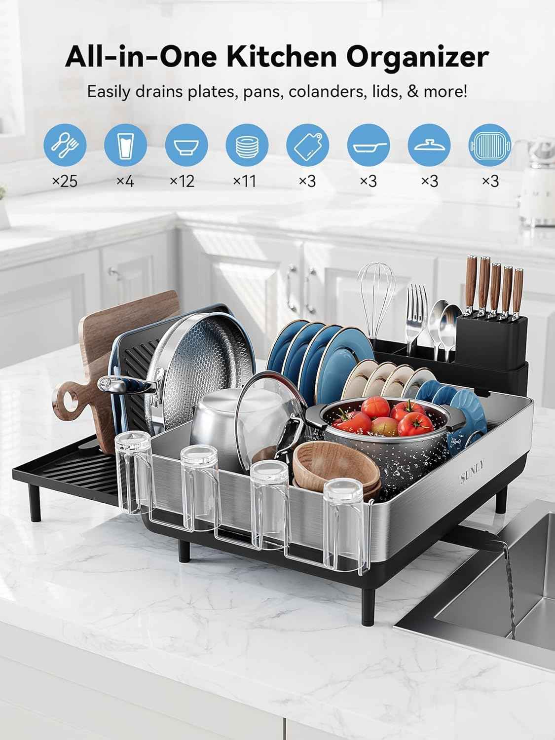 SUNLY Large Dish Drying Rack, Expandable Dish Racks for Kitchen Counter, Space Saving 304 Stainless Steel Drying Rack Kitchen, Extra Large Drainer with Multifunctional Flip Up Pegs, Black
