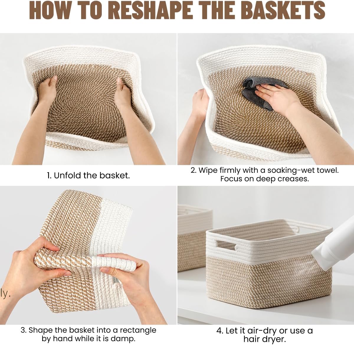 5 Pack Woven Storage Baskets for Shelves, Decorative Basket Organizer Storage Bins for Toys, Books, Clothes, Closet, Nursery, Bathroom – Cotton Rope Shelf Baskets for Organizing, Khaki & White
