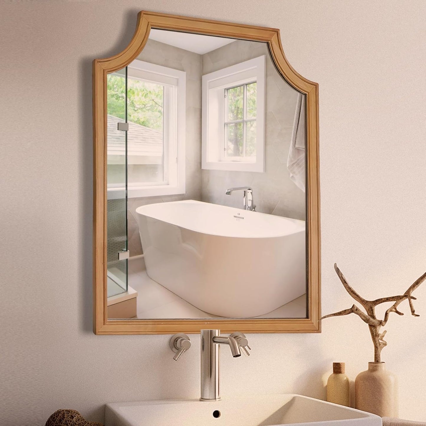 WallBeyond Scalloped Wood Mirror for Wall Decor 16x20 Inch Small Bathroom Vanity Rectangle Mirror for Hallway Bedroom Living Room(Natural)