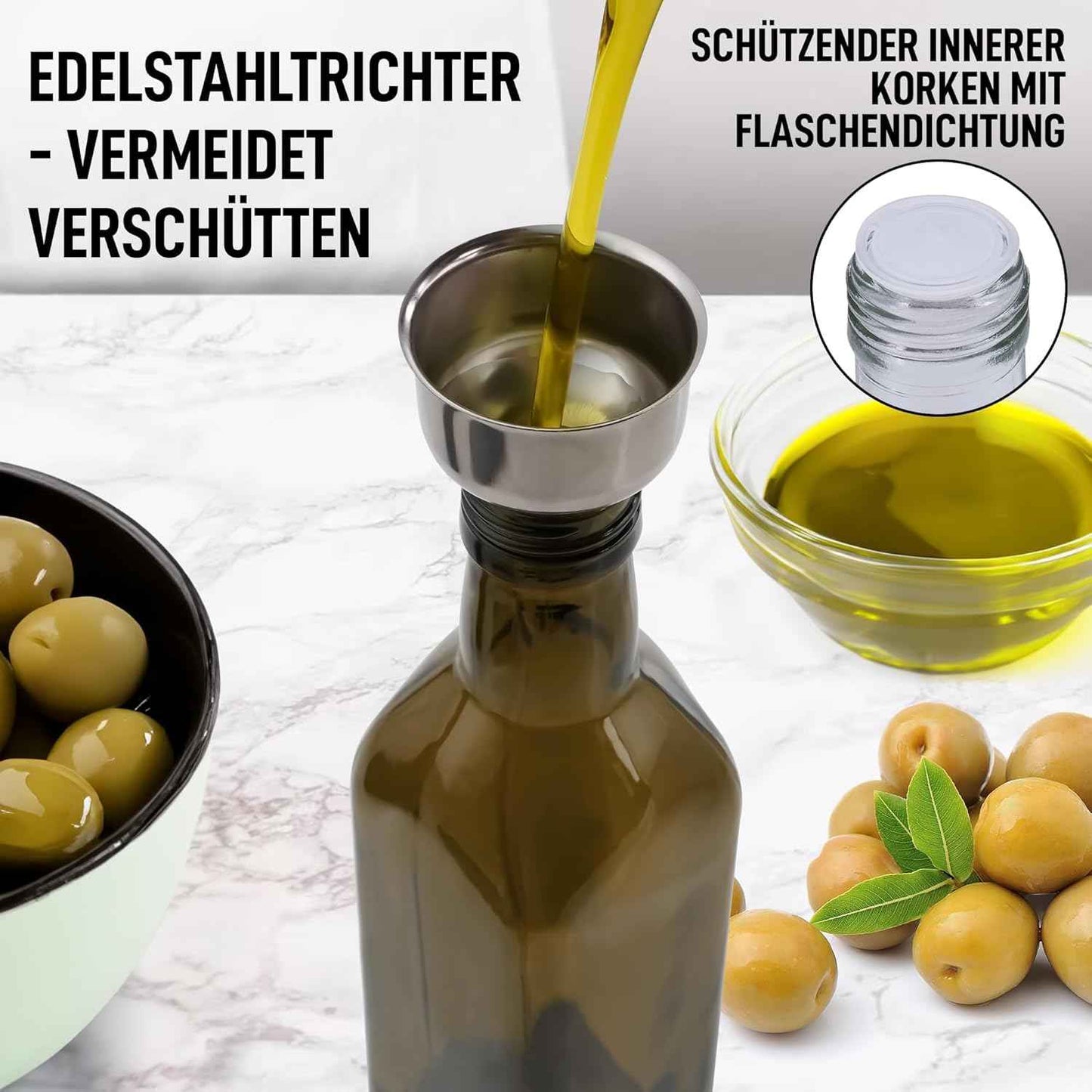 Zulay Kitchen 17oz Olive Oil Dispenser Bottle – Glass Oil Cruet with Spout, Funnel & Pourers, Easy-Pour Decanter for Kitchen Cooking and Serving (Dark Brown)