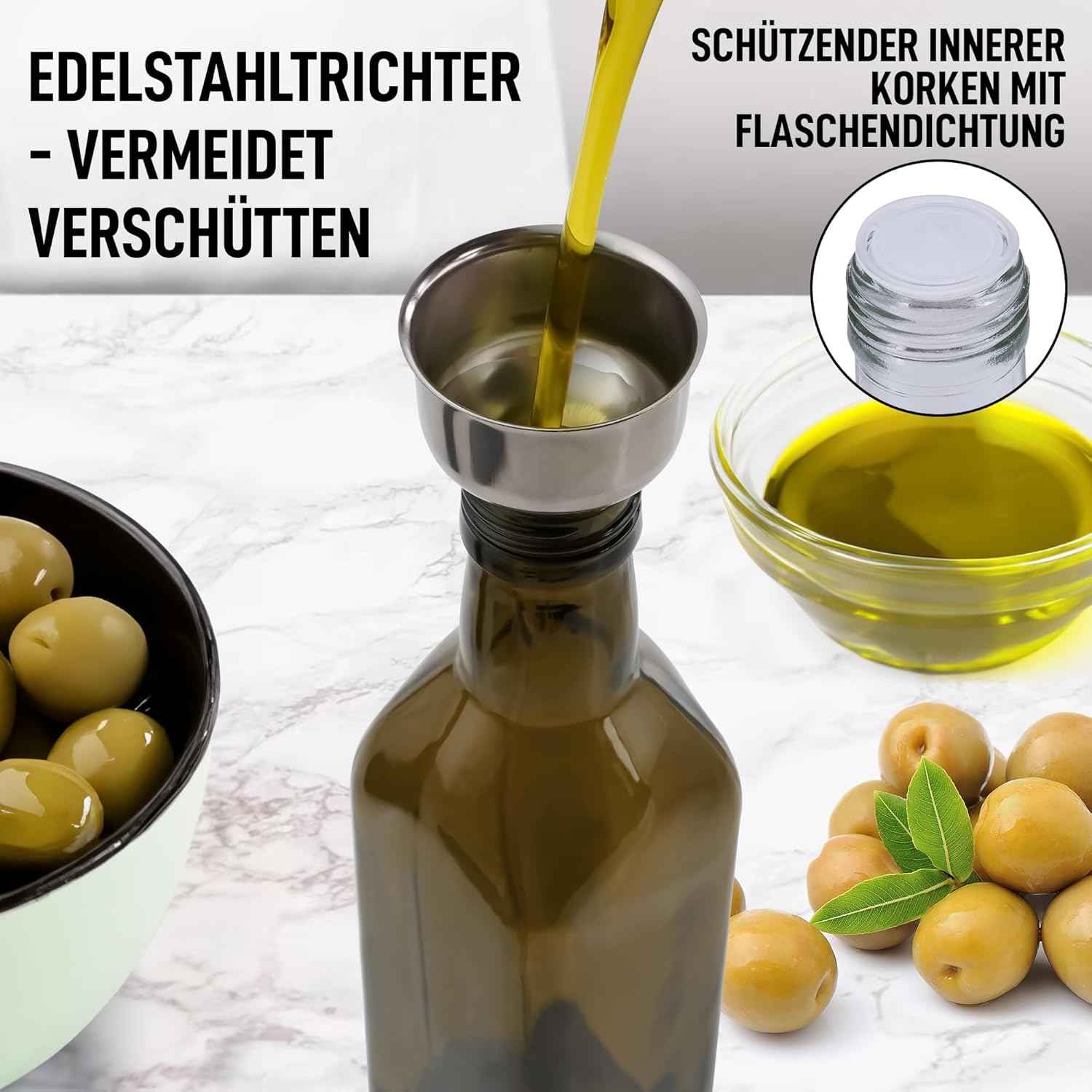 Zulay Kitchen 17oz Olive Oil Dispenser Bottle – Glass Oil Cruet with Spout, Funnel & Pourers, Easy-Pour Decanter for Kitchen Cooking and Serving (Dark Brown)
