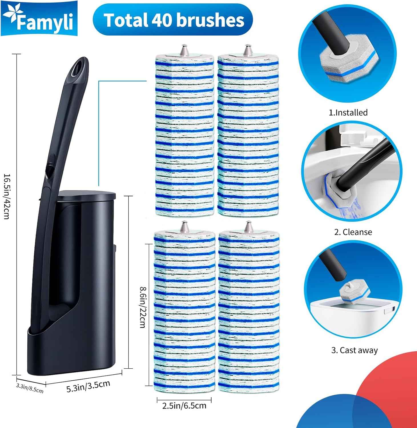 Disposable Toilet Brush - Toilet Bowl Cleaner, Toilet Cleaning Supplies, Toilet Brush with Holder, Toilet Bowl Cleaner Wands，40 Refills for Toilet Cleaning and Hygienic Bathroom Maintenance