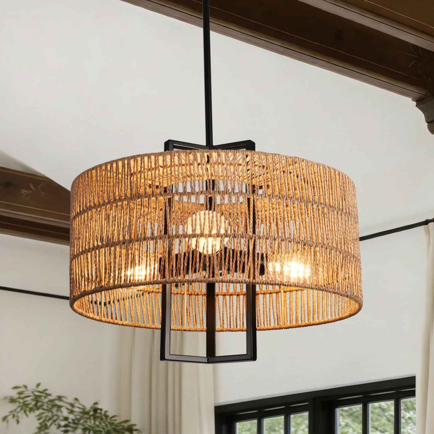 3-Light Boho Chandelier Rattan Light Fixture 17.71" Farmhouse Chandelier for Dining Room Light Fixture Rustic Durm Chandelier Hand Woven Rattan Pendant Light Fixture