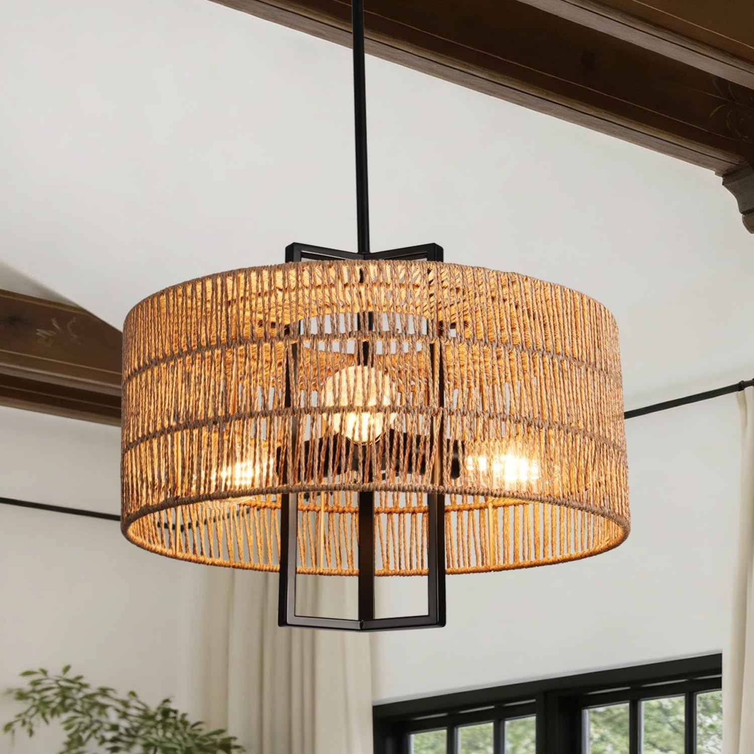 3-Light Boho Chandelier Rattan Light Fixture 17.71" Farmhouse Chandelier for Dining Room Light Fixture Rustic Durm Chandelier Hand Woven Rattan Pendant Light Fixture