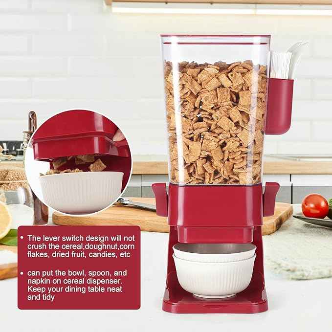Osacoe Cereal Dispenser Countertop Red 2 Pack with Creal Bowls Spoons Cutlery Box, Cereal Containers Storage - Not Easy to Crush Food, Dry Food Dispenser For Pantry Candy Snack
