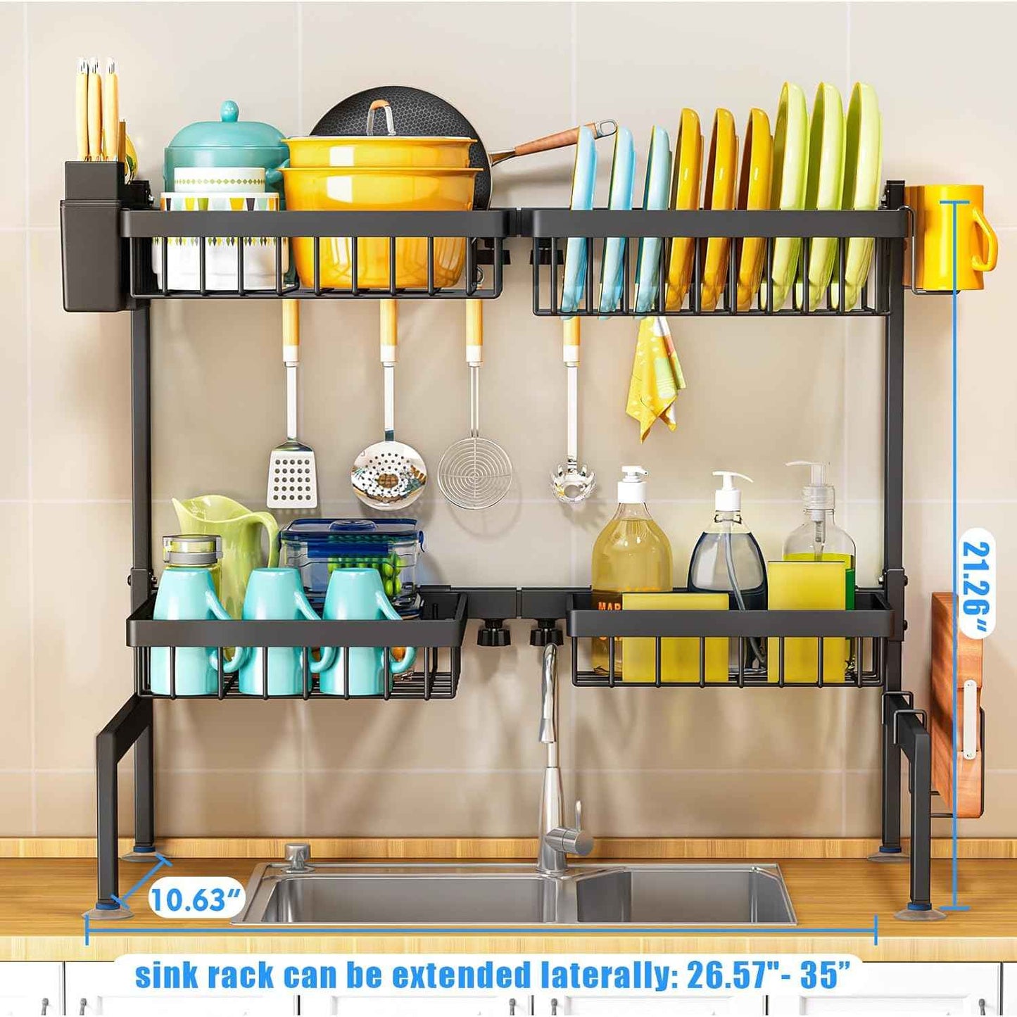 ARSTPEOE 2 Tiers 4 Baskets (one More Than Others) Over The Sink Dish Drying Rack,fits All Sinks (from 24.8" to 35.4"),2-Tier Adjustable Sink Rack,Dishes Rack Kitchen Storage Organizer Space Saving
