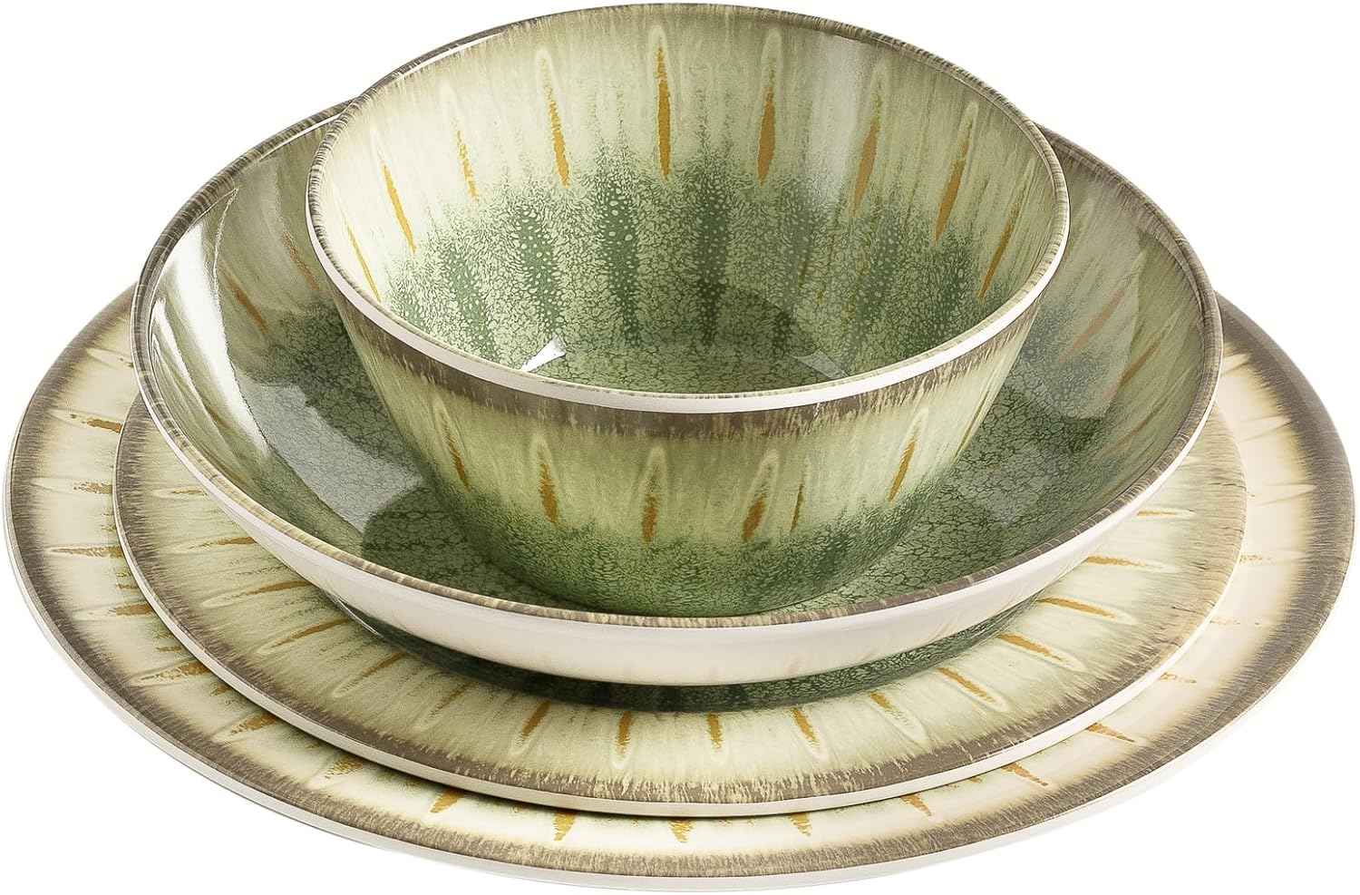 MissYip Melamine Dinnerware Set, 16 Piece for 4, Unbreakable Kitchen Plastic Plates and Bowls set, Indoor and Outdoor Use Tableware, BPA Free, Dishwasher Top Safe, Not Microwave, Not Oven(Green)