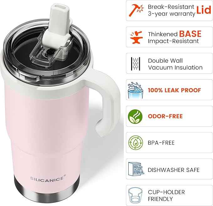 For Iced Coffee & Smoothies – Never Drink from a Moldy Lid Again: 24oz Hygienic Tumbler, 100% Leakproof Lid & Removable Foldable Spout. Reinforced Base, Fits Cup Holders-Pink sand