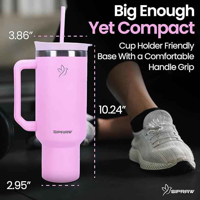 40oz Tumbler with Handle and Straw Insulated Stainless Steel Travel Mug Vacuum Double Wall Coffee Cup Leak Resistant Lid BPA-Free Cup Holder Friendly for Hot & Cold Drinks, Pink