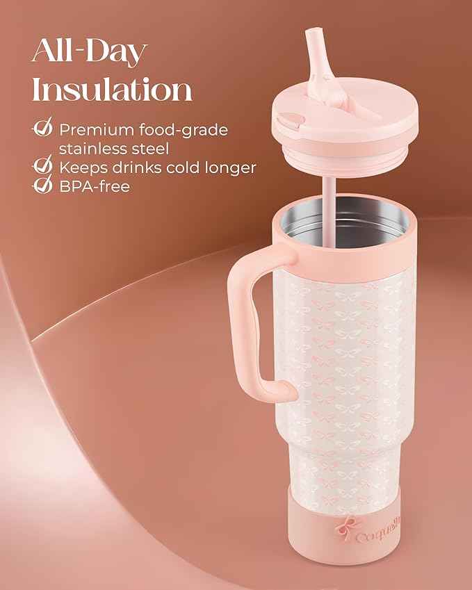 40 oz Insulated Tumbler with Handle and Push-Button Straw Lid, Stainless Steel Travel Cup for Gym Office, Leakproof, BPA-Free, Cup Holder Friendly, Bow Silicone Boot, Cream (Coquette Peachy)