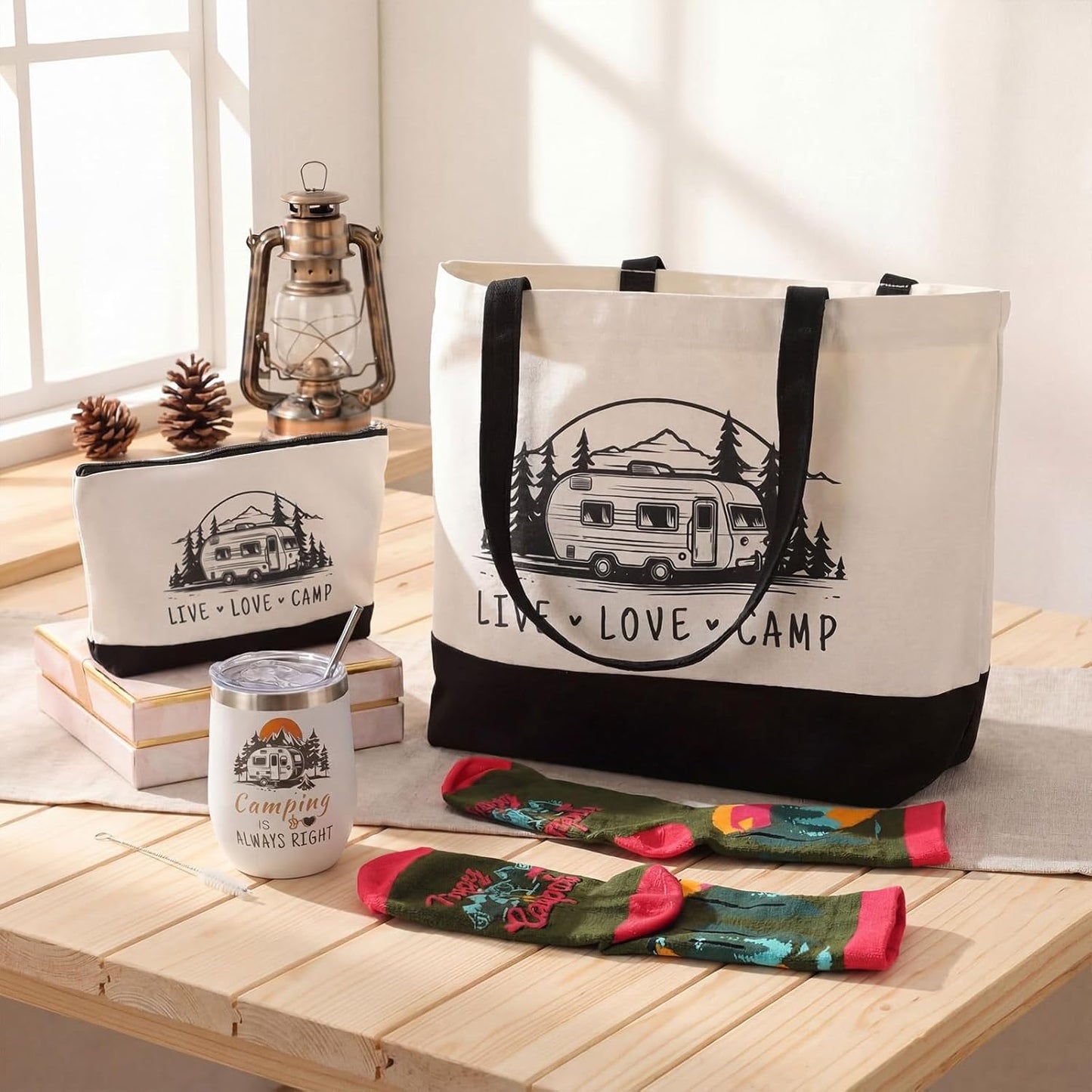 Patelai 4 Pcs Camping Gift Set Canvas Tote Bag 12 oz Stainless Steel Tumblers Socks Travel Makeup Bag Rv Camper Gifts for Women Men Picnics Hiking