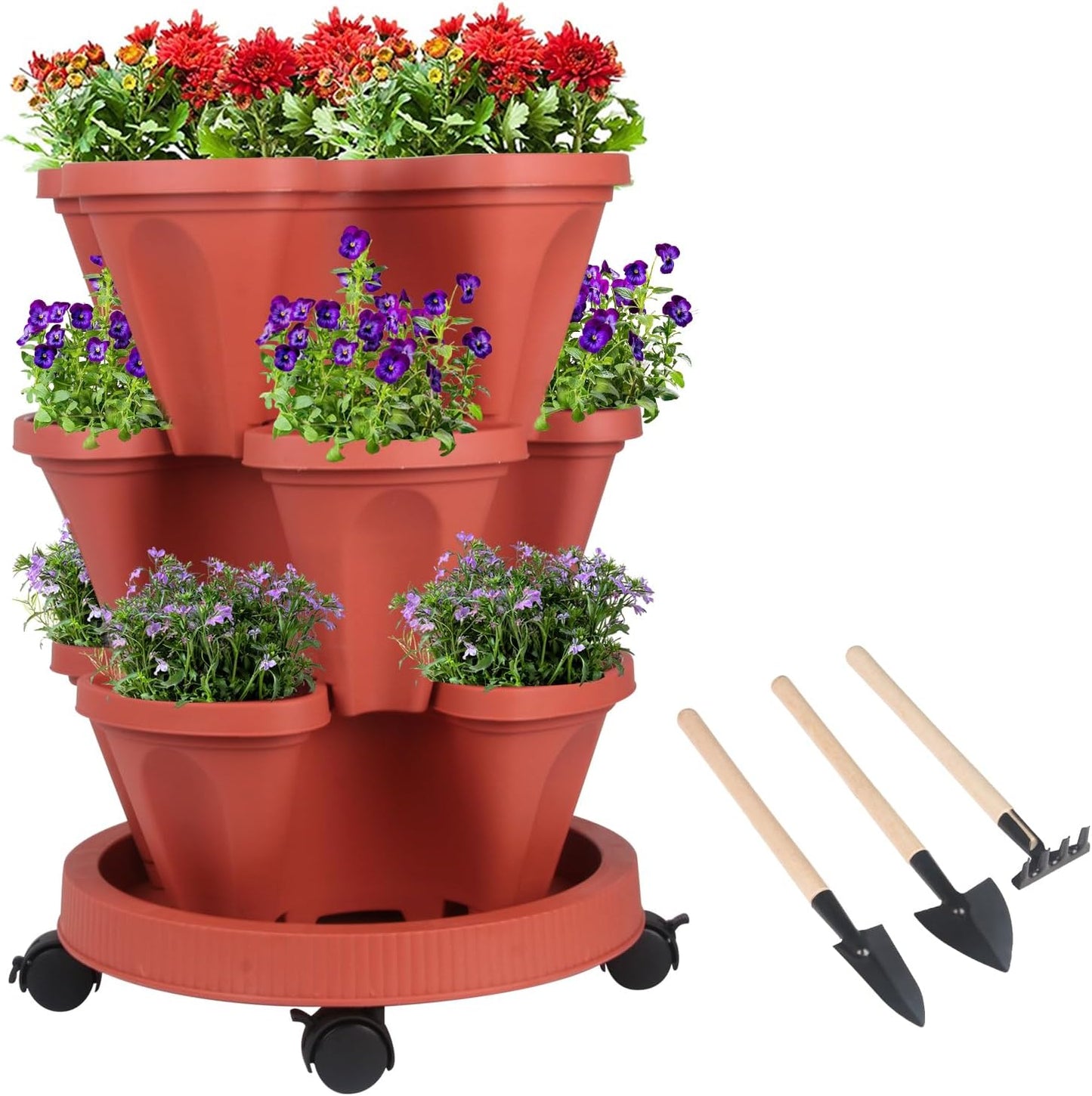 Vertical Planter 3 Tier Stackable Planters Garden Planters Strawberry Herb Flower and Vegetable Planter Indoor Outdoor Gardening Pots with Removable Wheels and Tools