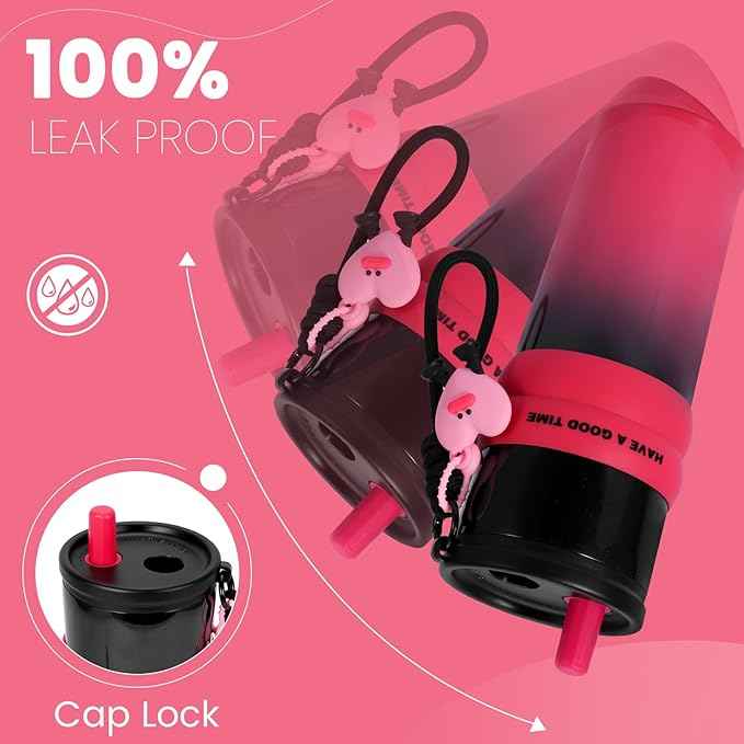 24 oz Stainless Steel Tumbler with Straw, Water Bottle Leak Proof for Hot and Cold, Pink Black Insulated Coffee Travel Mug, Ceramic Lined Tumbler, Reusable Thermal Coffee Cup Gift for Women