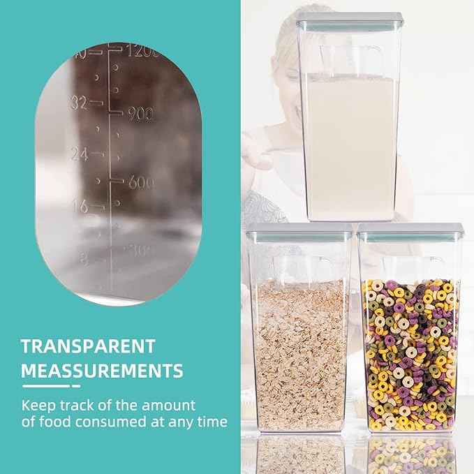 Ankou Airtight Pop Cereal Container, 3300ml Each Large Cereal Containers with Scoops Food Storage Canister Dispenser Perfect For Cereal Flour Spaghetti Rice Kitchen Organizing 3.5qt