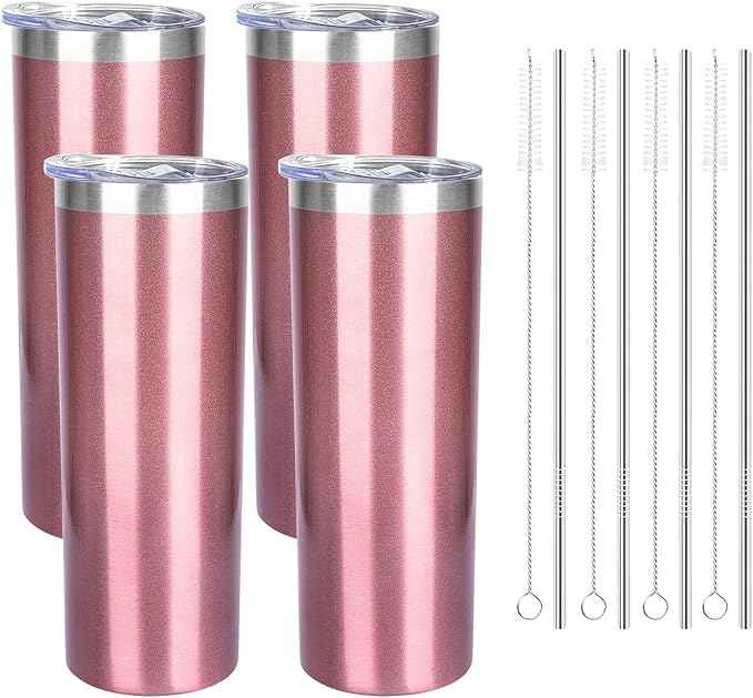 20 oz Skinny Tumblers with Lid and Straw,Stainless Steel Vacuum Insulated Tumbler Cup Double Wall Travel Coffee Mug, Thermal Water Tumbler for Hot and Cold Drinks(Rose Gold,4)