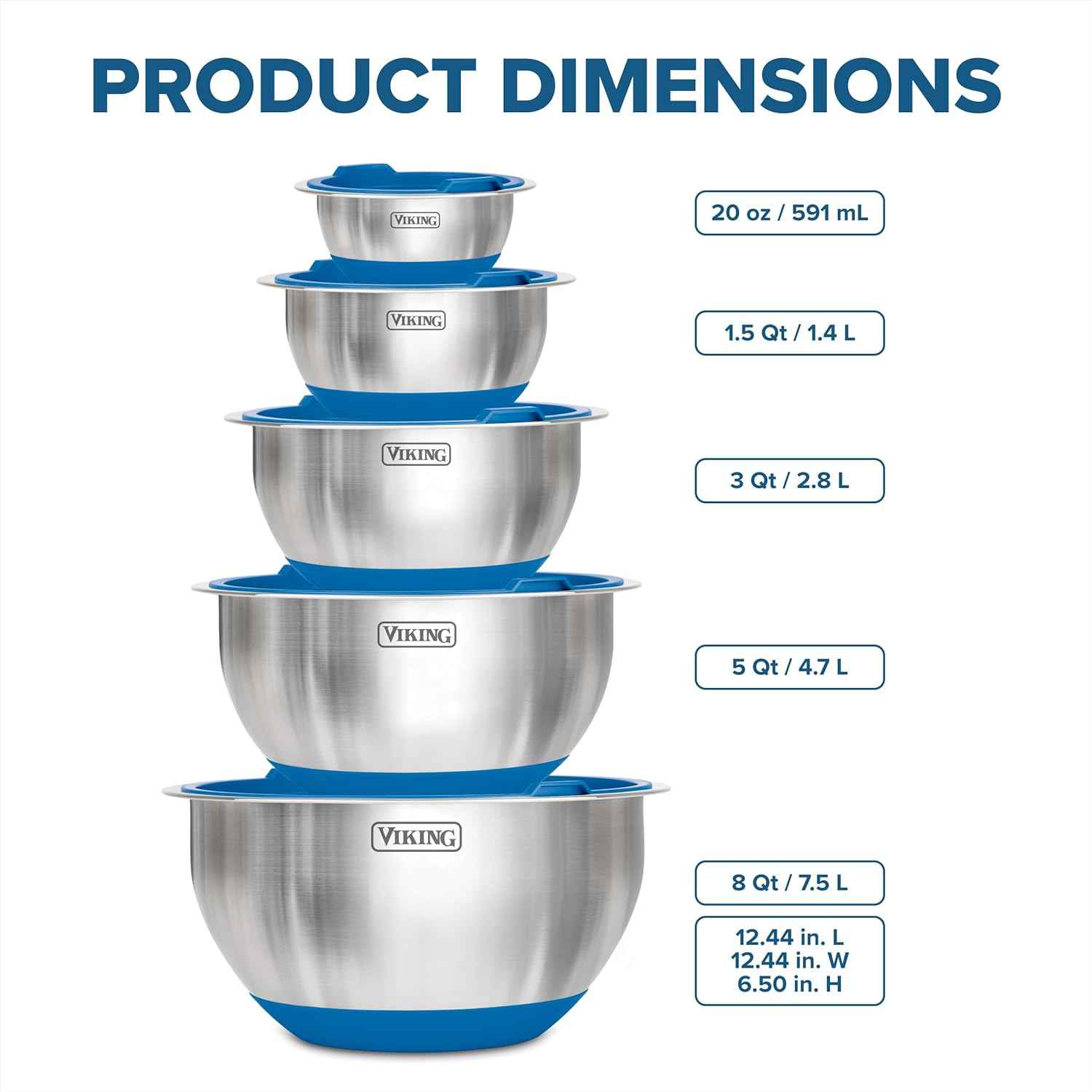 Viking Mixing Bowls Set, 10 Piece Stainless Steel Kitchen Cookware, Non-Slip Silicone Base, Includes Tight Fit Lids, Dishwasher Safe, Blue