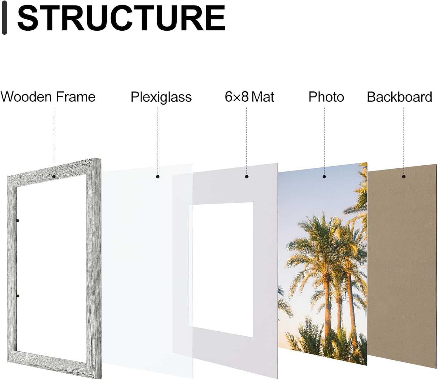 Vittanly 8x12 Picture Frames Set of 9, Shatter Resistant Plexiglass, Display 6x8 Pictures with Mat or 8x12 without Mat, Photo Frames for Wall or Tabletop, Engineered Wood, Grey