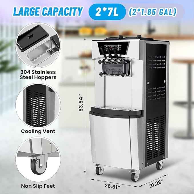 2200W 2+1 Flavor Commercial Soft Ice Cream Maker Machine, 5.8-8 Gal/Hr Vertical Soft Serve Machine with LCD Display, Auto Clean High Productivity for Restaurant