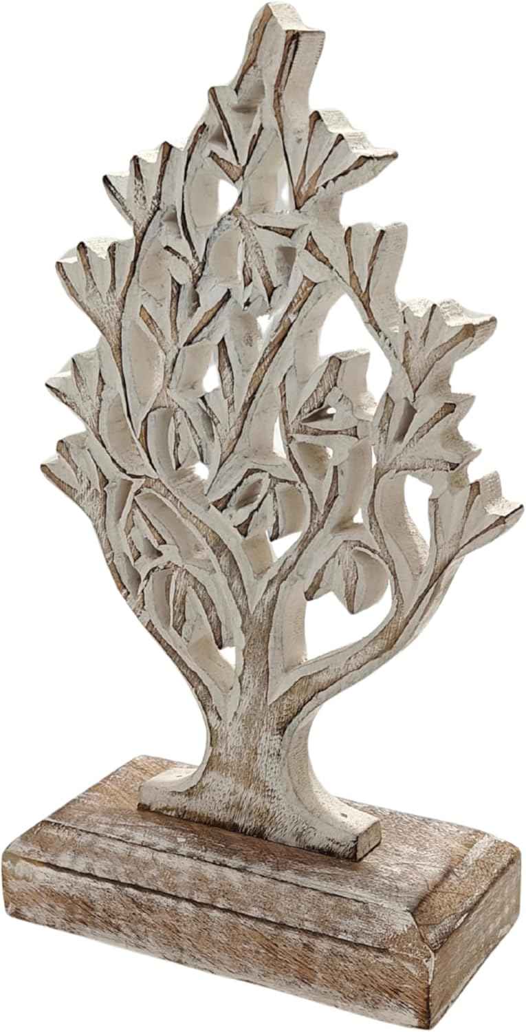 VANIYA CRAFTS® Rustic Wooden Tree Shape Table Sculpture – Handmade Carved Home Decor Accent for Living Room, Bedroom, Entryway, or Office (Antique White Finish)
