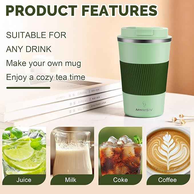 MOMSIV 12oz Travel Mug, Insulated Coffee Cup with Leakproof Lid, Vacuum Stainless Steel Double Walled Reusable Tumbler for Hot and Cold Water Coffee and Tea In Travel and Car (Green-380ml)