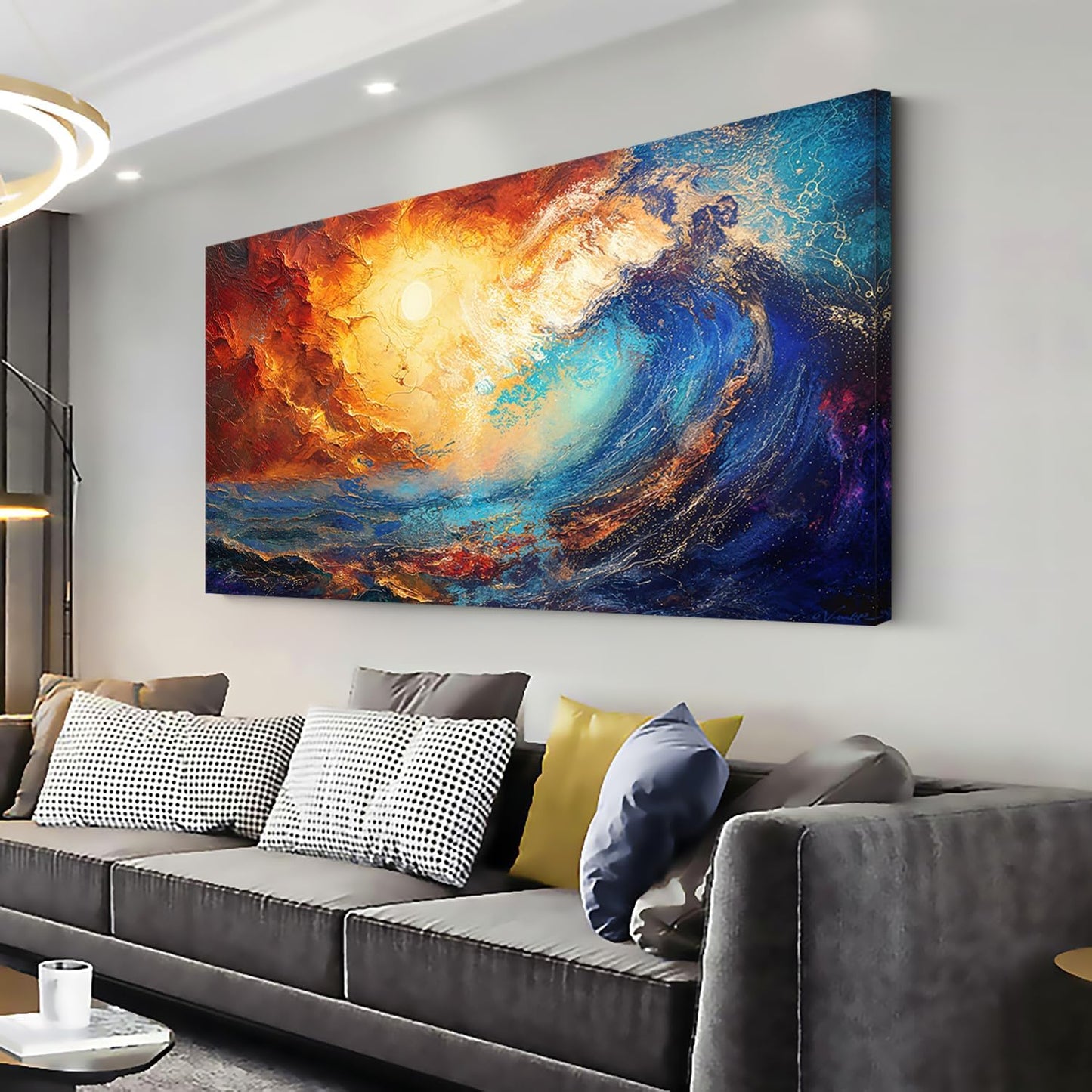 LASMOND Abstract Ocean Wall Art for Living Room Beautiful Blue Sea Wave Seawater Colorful Sky Landscape Wall Art Decor Artwork Bedroom Office (58x28 Inches)