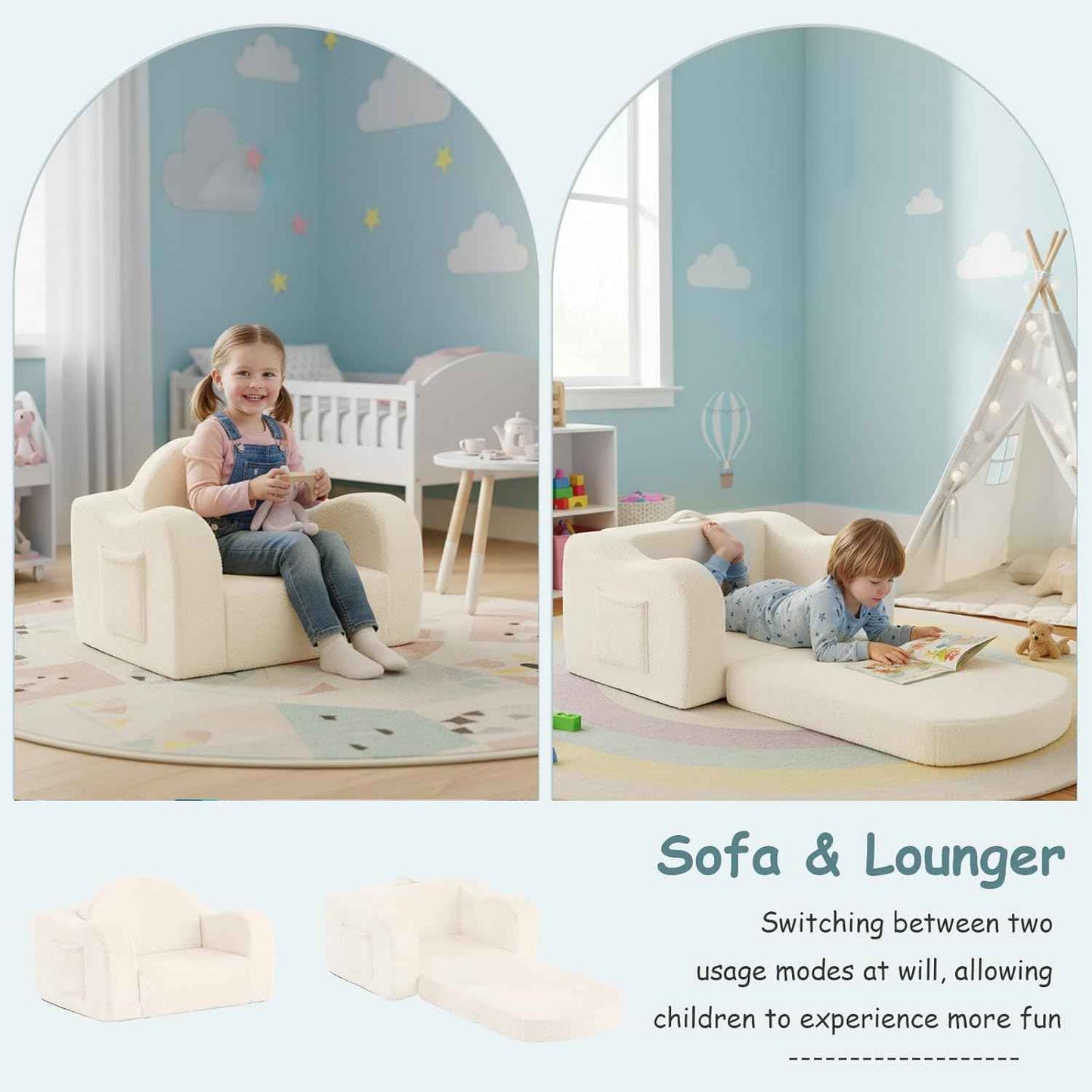 Tiita Kids Chairs for Toddler, 2-in-1 Toddler Soft Sherpa Couch Fold Out, Convertible Sofa to Lounger for Girls and Boys, Beige
