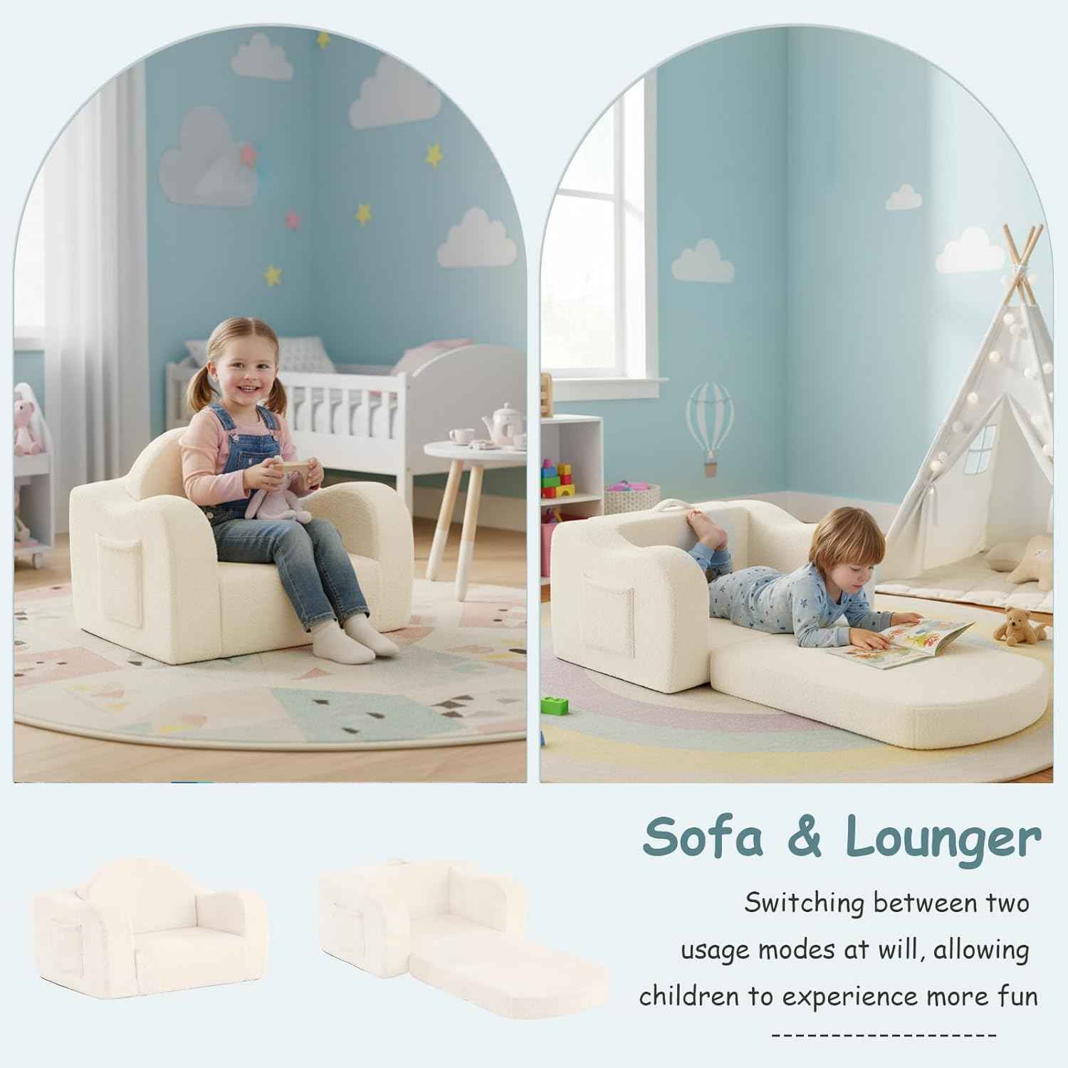 Tiita Kids Chairs for Toddler, 2-in-1 Toddler Soft Sherpa Couch Fold Out, Convertible Sofa to Lounger for Girls and Boys, Beige