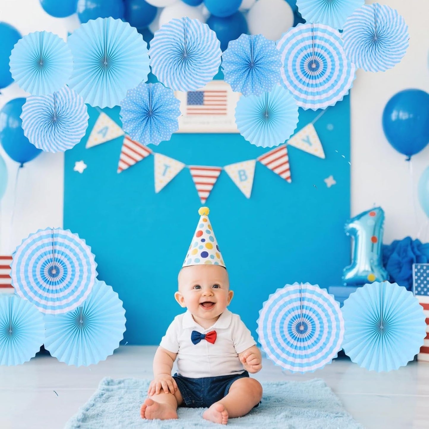 12PCS Light Blue Party Decorations, Hanging Paper Fans Party Set Round Pattern Paper Garlands Decoration for Baby Boy Shower Boy Birthday Graduation Bachelorette