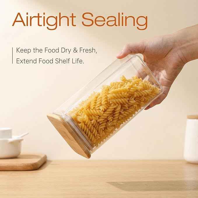 42oz & 27oz - 4 Pack Square Glass Jars with Bamboo Lids, Glass Food Storage Containers with Airtight Lids for Kitchen, Air Tight Pantry Storage Containers for Cereal, Pasta, Rice, Sugar, Coffee, Spice