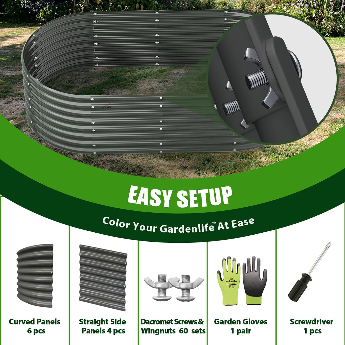 A ANLEOLIFE 6X3X2 ft Galvanized Raised Garden Beds Outdoor-4 Pack, Oval Large Metal Deep Root Planter Box for Planting Vegetables Flowers Herb, Anti-Rust & Easy-Setup, Quartz Grey