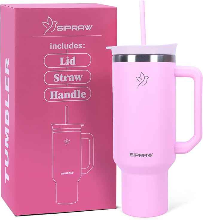 40oz Tumbler with Handle and Straw Insulated Stainless Steel Travel Mug Vacuum Double Wall Coffee Cup Leak Resistant Lid BPA-Free Cup Holder Friendly for Hot & Cold Drinks, Pink
