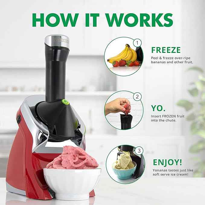 Yonanas 988RD Deluxe Vegan, Dairy-Free Frozen Fruit Soft Serve Maker, Includes 75 Recipes, 200 W, Red