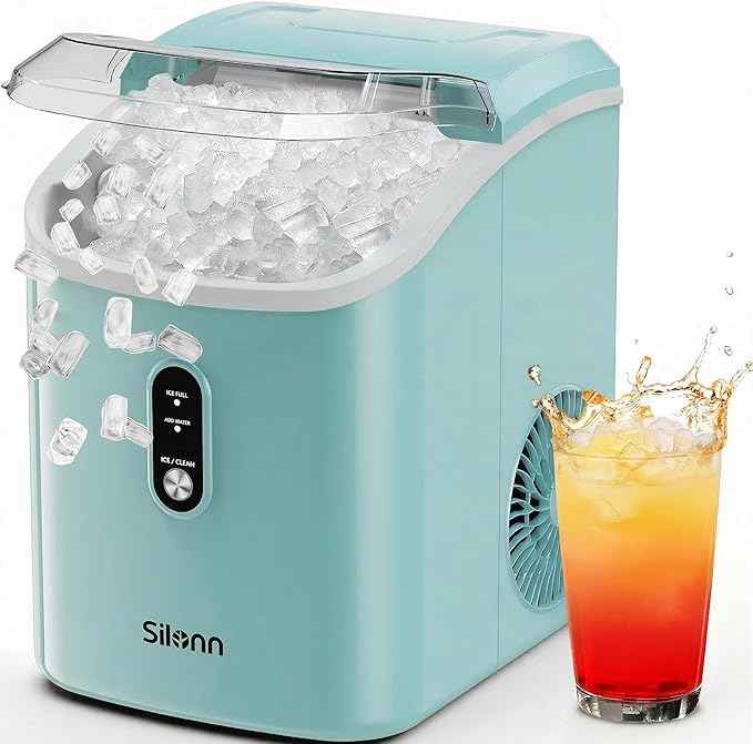 Silonn Nugget Ice Maker Countertop, Chewable Pellet Ice Machine with Self-Cleaning, Portable Pebble Ice Maker with Ice Scoop for Home, Kitchen & Office, Green