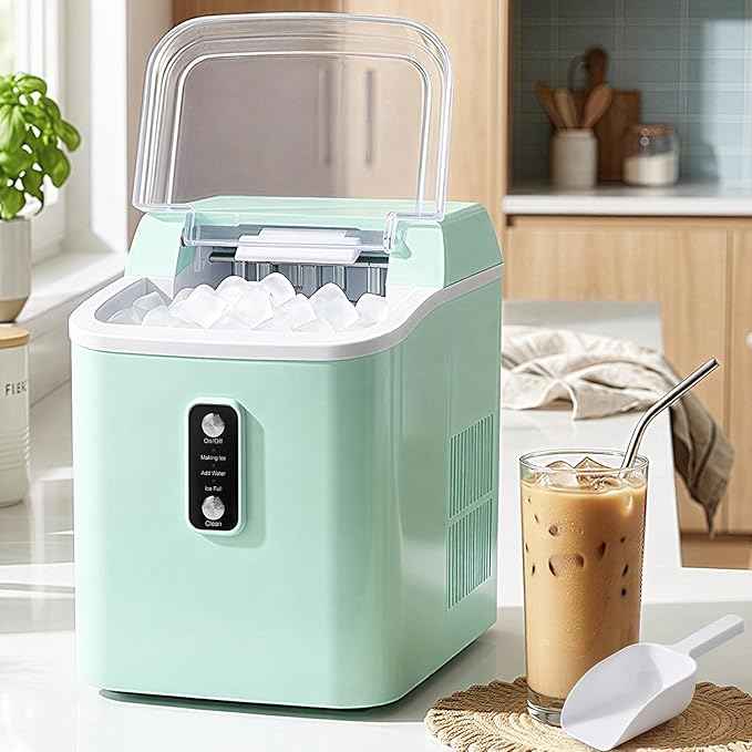 Nugget Ice Maker Countertop, 6-Min Fast Chewable Pellet Ice, 24lbs/24H Portable Ice Machine with Self-Cleaning, Ice Full & Low Water Indicator, Basket & Scoop for Home, Party, RV, Camping (Green)