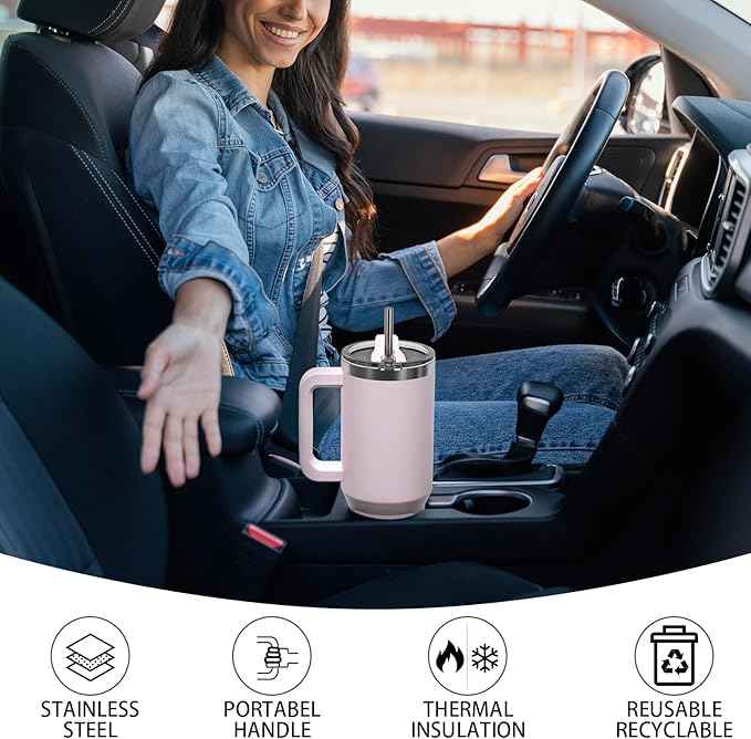 40 oz Tumbler with Handle,Tumbler with Lid and Straw,Double Wall Insulated Cup Stainless Steel Travel Mug(Cold for 34 Hours),Water Bottle for Iced Tea,Coffee,Cold Beverages(Rose Quartz)