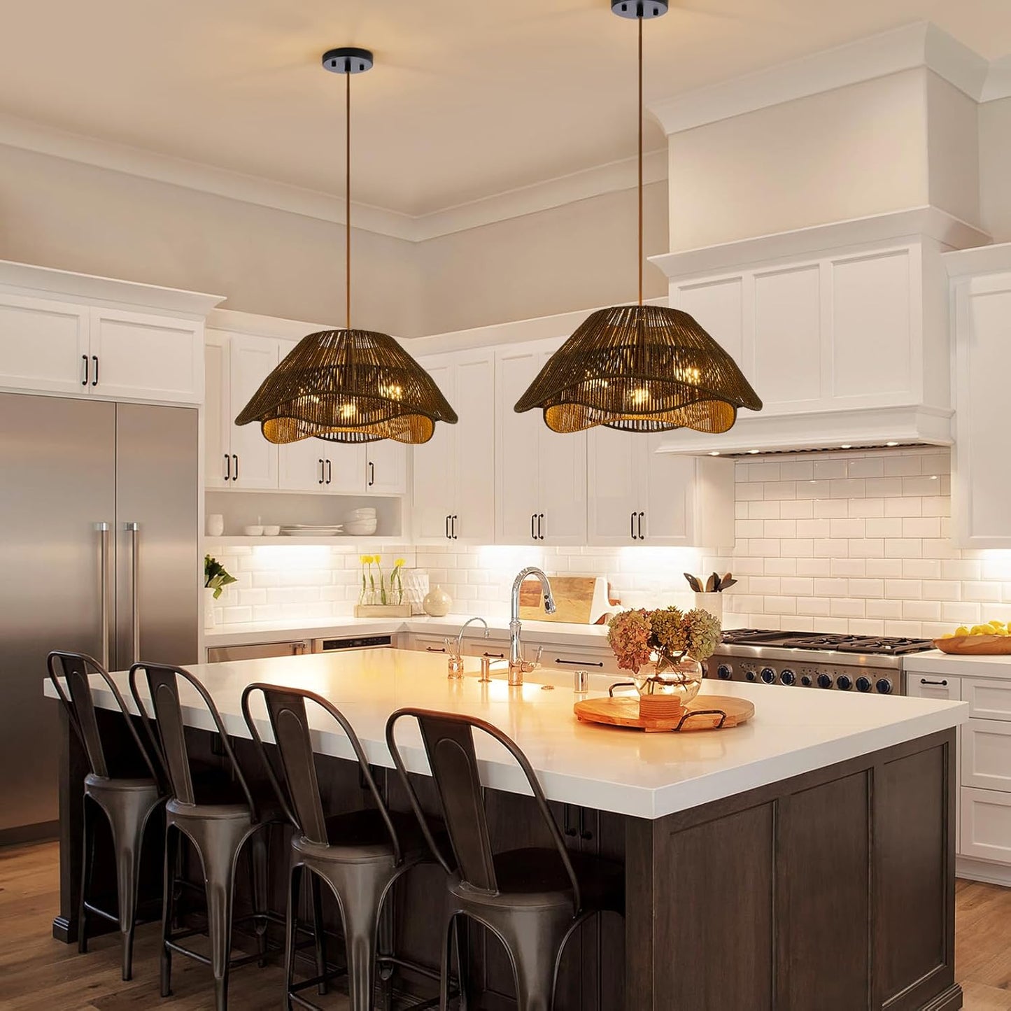 Rattan Pendant Light Fixture Ceiling, 19.68”Hand Woven Wicker Chandelier, Rustic 3-Light Large Hanging Lamp, Adjustable Boho Flush Mount Hanging Light for Dining Room Kitchen Living Room