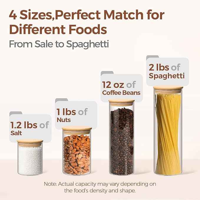 ComSaf Glass Food Storage Jars Set of 6, Clear Glass Storage Containers with Lids, Canisters Sets for the kitchen, Spaghetti, Pasta, Flour, Nuts, Oat, Coffee and Sugar Container, Pantry Organization