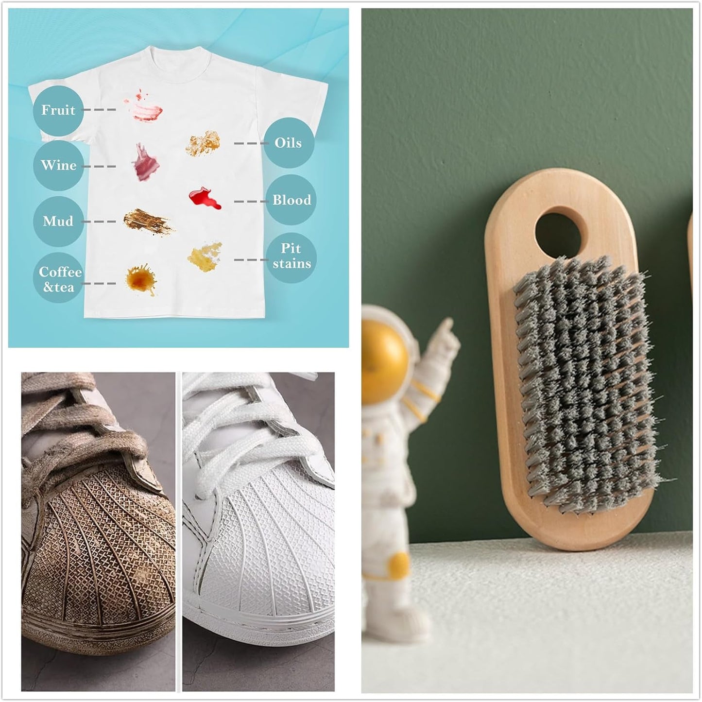 2 Pcs Wood Laundry Brush | Soft Bristle, For Shoe & Clothing Stain Removal, Easy to Grip, Scrubs Tough on Delicate, Hand Washing Clothes
