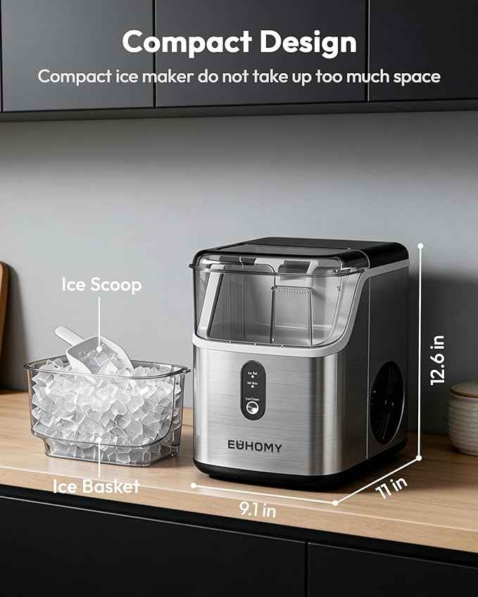 EUHOMY Nugget Ice Maker Countertop, Ready in 7 Mins, 34Lbs/24H Pebble Ice Maker Machine, Self-Cleaning Countertop Sonic Ice Makers with Ice Scoop&Basket, Pellet Ice Maker for Home, Stainless Steel