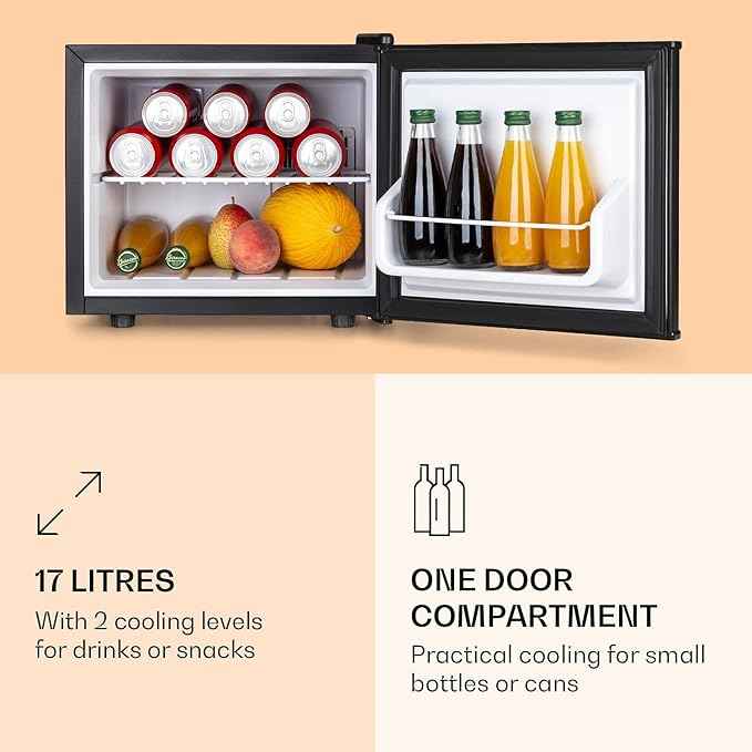 Klarstein Secret Place Mini Bar Mini Fridge Mini Snacks And Beverages Refrigerator (17L, 26 Db Noiseless, Removable Plateau, Stepless Temperature Control) Black