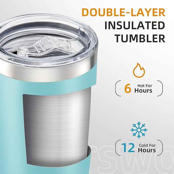 20 oz Tumbler Bulk with Lid Stainless Steel Insulated Tumblers Double Wall Vacuum Coffee Mug Powder Coated Tumbler Cups for Cold and Hot Drinks, Sky Blue, 12 pack