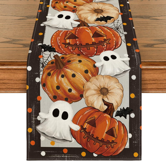 Artoid Mode Jack-O'-Lantern Pumpkin Ghost Spider Web Halloween Table Runner,Holiday Kitchen Dining Table Decoration for Home Party Decor 13 x 72 Inch