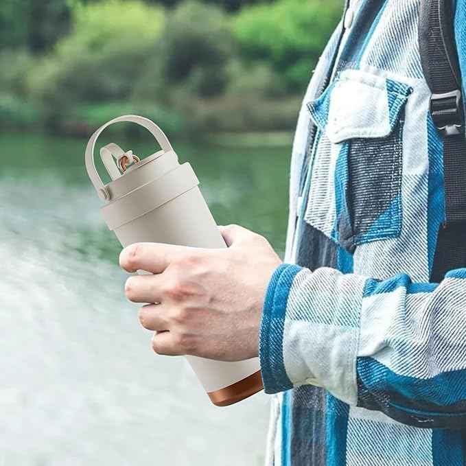 26oz Water Bottle Ceramic Coated Multi-Use Tumbler - 3-in-1 Drinking Modes, Thermal Insulation, Silicone Strap, Portable Travel Mug (White)
