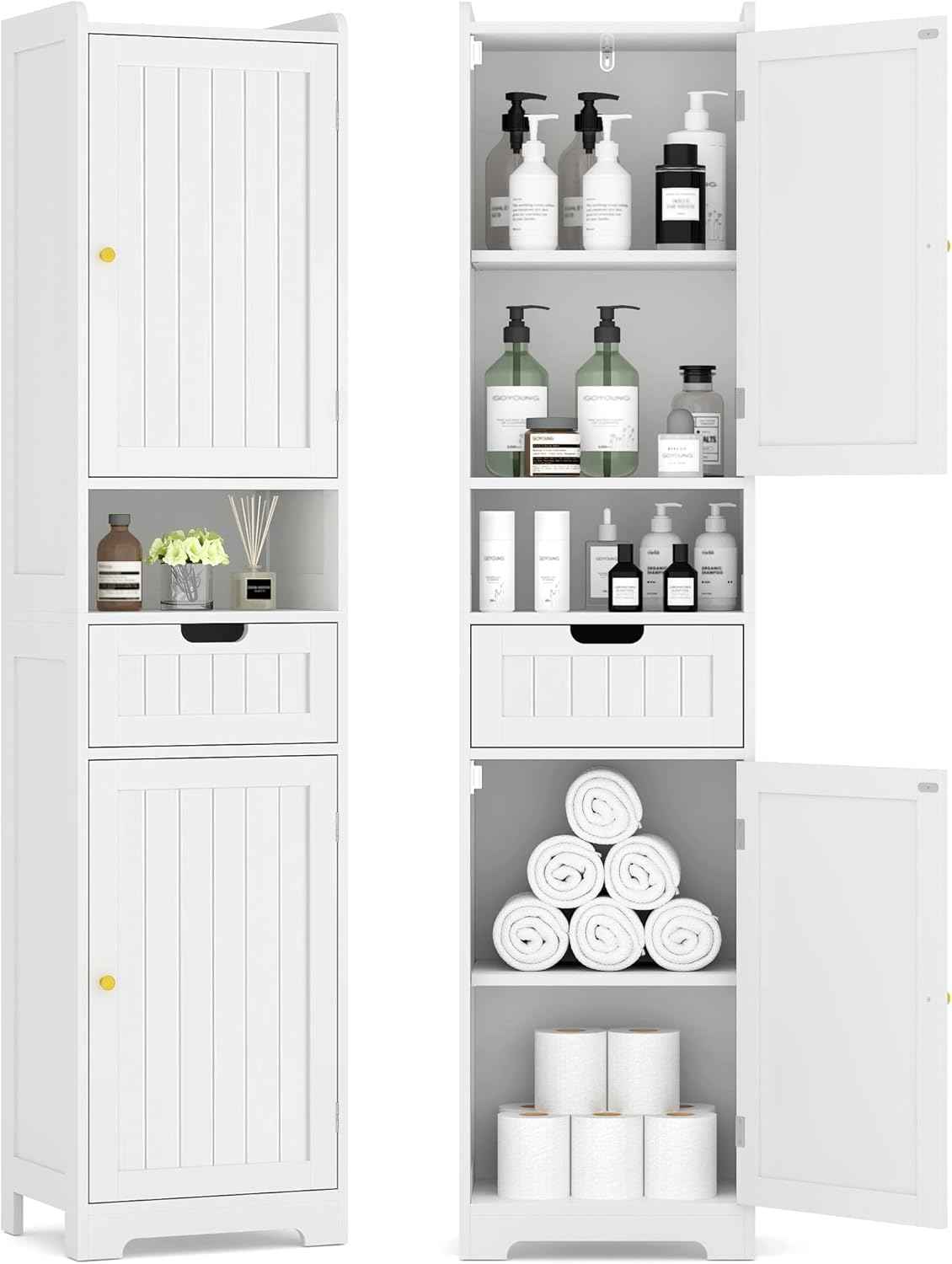 TidyHaven 67" H Tall Bathroom Storage Cabinet, Slim Narrow Organizer with Adjustable Shelves, 2 Doors & 1 Drawer, Freestanding Floor Cabinet for Bathroom, Kitchen, Living Room, (White)