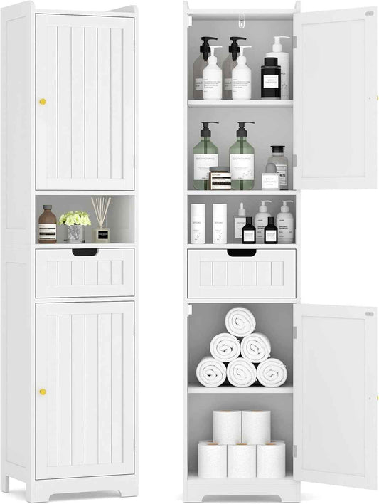 TidyHaven 67" H Tall Bathroom Storage Cabinet, Slim Narrow Organizer with Adjustable Shelves, 2 Doors & 1 Drawer, Freestanding Floor Cabinet for Bathroom, Kitchen, Living Room, (White)