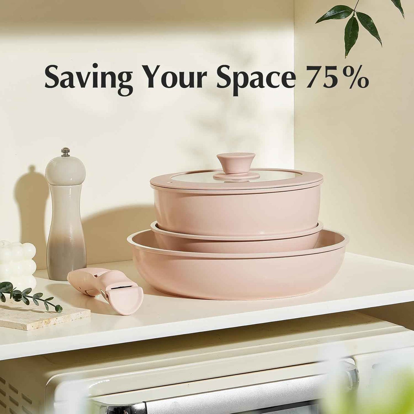 Ceramic Pots and Pans Set Non Stick, Nonstick Kitchen Cookware Sets, Non Toxic Pots and Pans Set Non Stick, PFAS PFOA & PTFE Free, Detachable Handle Pots and Pans 6 Piece, RV Cookware (Pink)