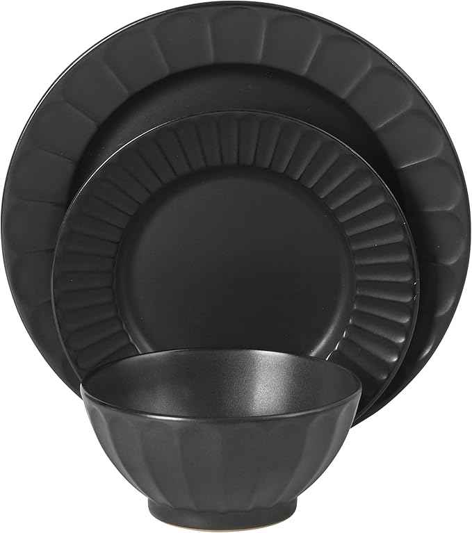 Gibson Elite Winchester Way 12-Piece Embossed Stoneware Dinnerware Set – Reactive Matte Glaze, Durable Lightweight-Tech Plates & Bowls, Everyday Dish Set, Microwave & Dishwasher Safe – Black