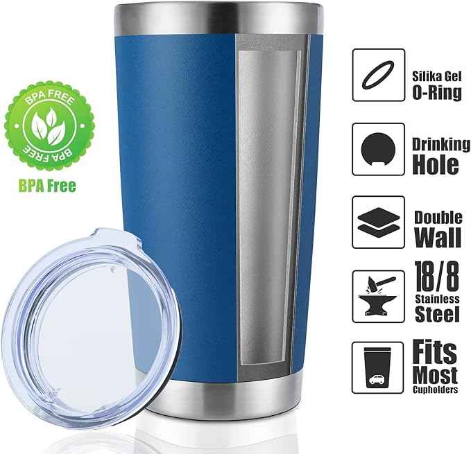 DOMICARE 20oz Stainless Steel Tumbler Bulk with Lid, Double Wall Vacuum Insulated Travel Mug, Powder Coated Coffee Cup, Dark blue, 4 Pack